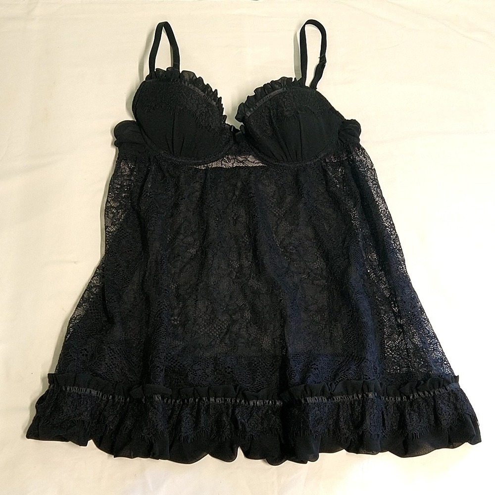 Vintage Victorias Secret Babydoll Slip 36B Black Sexy Little Things Lace Ruffle